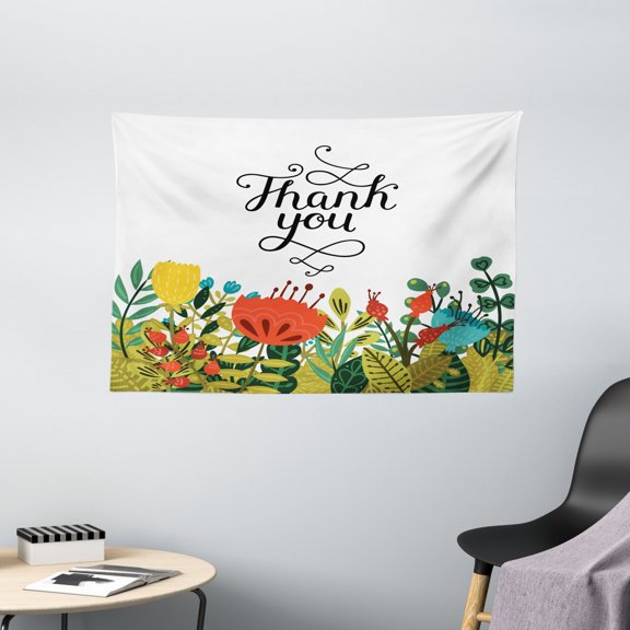 Floral Decor Tapestry, Hand Written Thank You Quote Above Botanic Big Slowers and Leaves Artwork, Wall Hanging for Bedroom Living Room Dorm Decor, 60W X 40L Inches, Multicolor, by Ambesonne