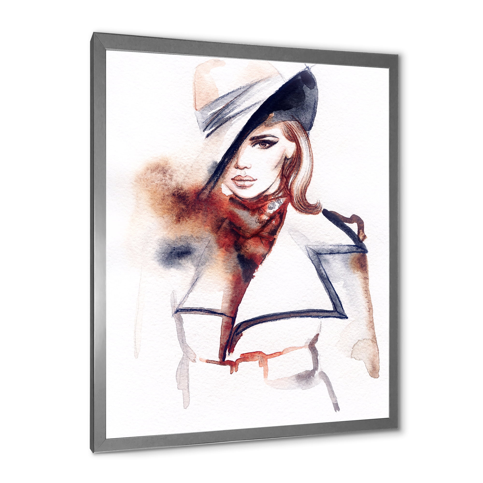 Fashion Portrait of Woman Wearing Hat 30 in x 40 in Framed Painting Canvas Art Print, by Designart
