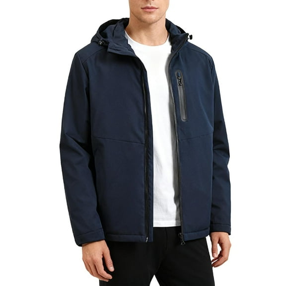 Men's Windbreaker Jacket Heavyweight Winter Outdoor Hooded Sport Coat with Zipper Pockets Windproof Outerwear (XL, Blue)