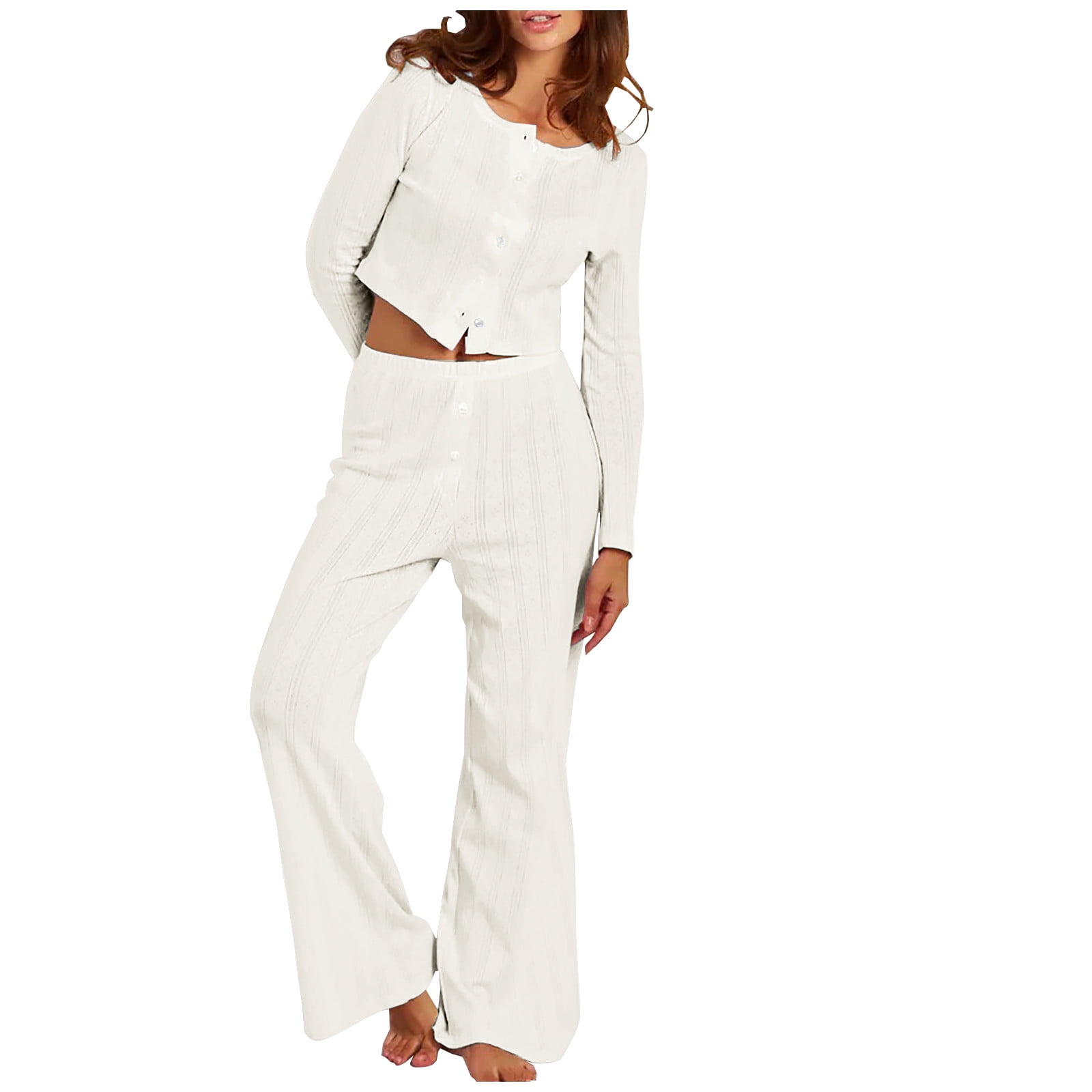 Ensemble Pyjama Femme Doux & Confortable - 2 Pièces T-Shirt Manches Longues & Pantalon Large, Idéal Été