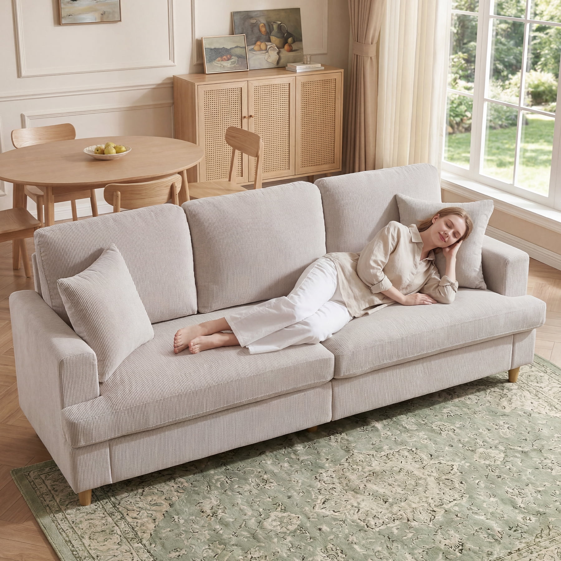 Ebello 87" 3-Seater Corduroy Sofa, Deep Seat with Plush Cushions, 2 Throw Pillows and Thick Backrest Couch for Living Room Bedroom Apartment, Beige