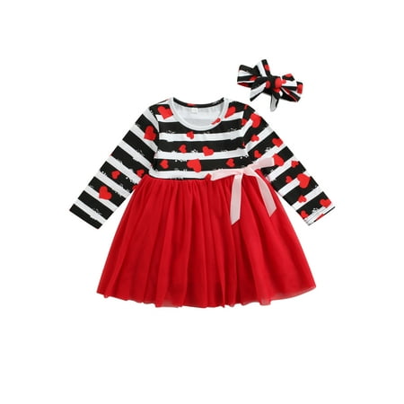 

Bebiullo Toddler Girls Valentine s Day Dress Stripes Patchwork Long Sleeve Dress + Headband for Kids Red 3-4 Years