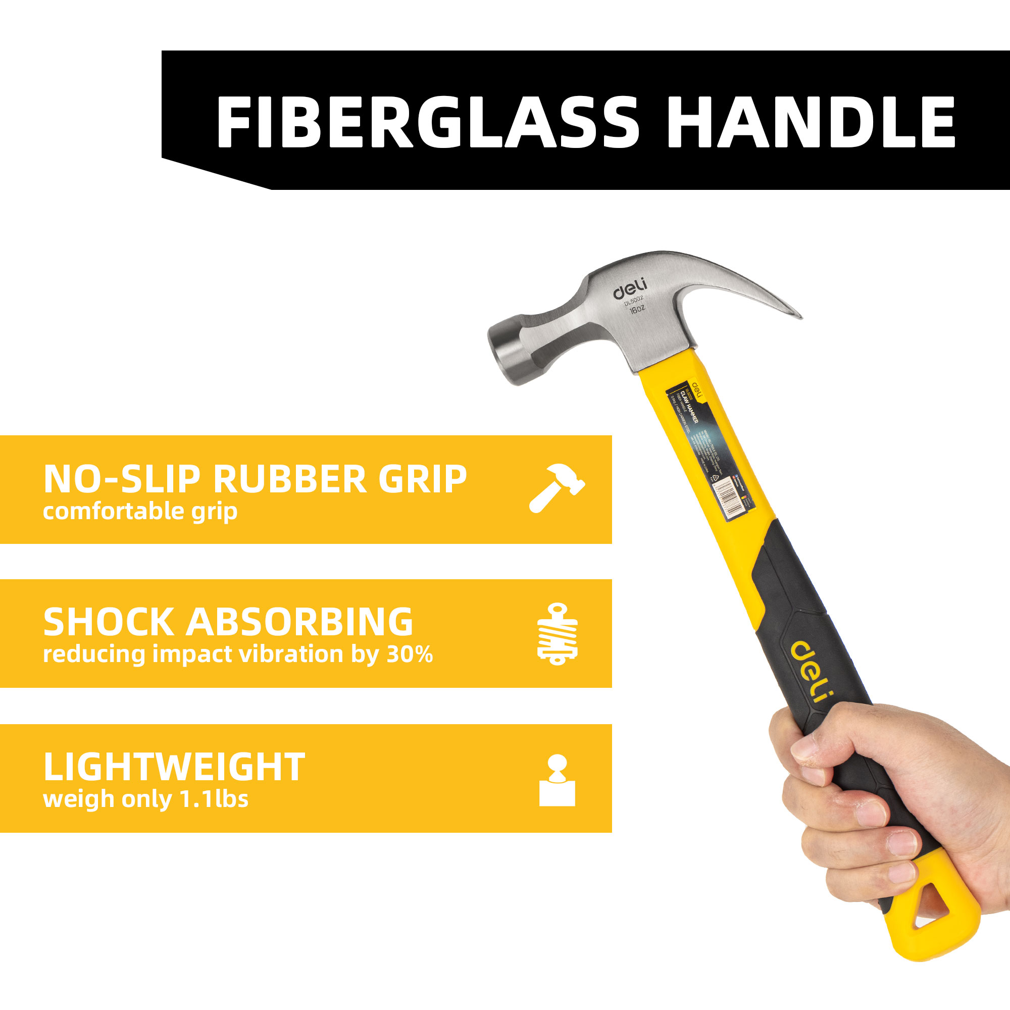 Deli 16-Ounce Claw Hammer with Fiberglass Handle photo 2