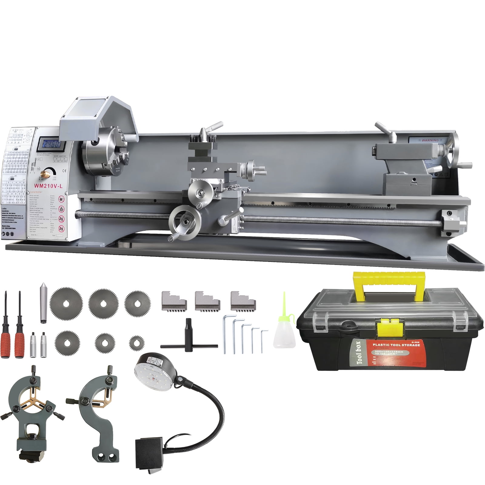 SKYSHALO Benchtop Metal Lathe, 8.3'' x 29.5'', designed for precise metalworking. Features a 0-2500 RPM variable speed, 750W brushless motor, and durable metal gears. Includes a tool box.