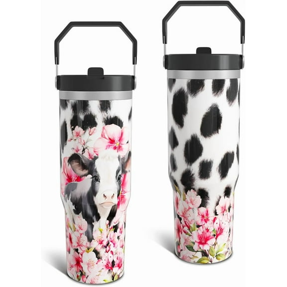 Cow Gifts Tumbler for Women Girls, Cute Cow Print Leak Proof Coffee Travel Mug, 30 Oz Tumblers with Top Handle and Flip Straw Water Bottle Cup Gift Idea for Him Her (1 PC)
