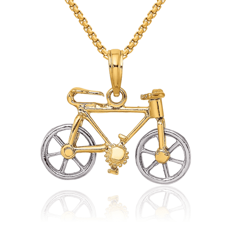 14K Solid Two Tone Gold Dangling Bicycle Bike Tires Necklace Chain Pendant Charm with chain 20inch