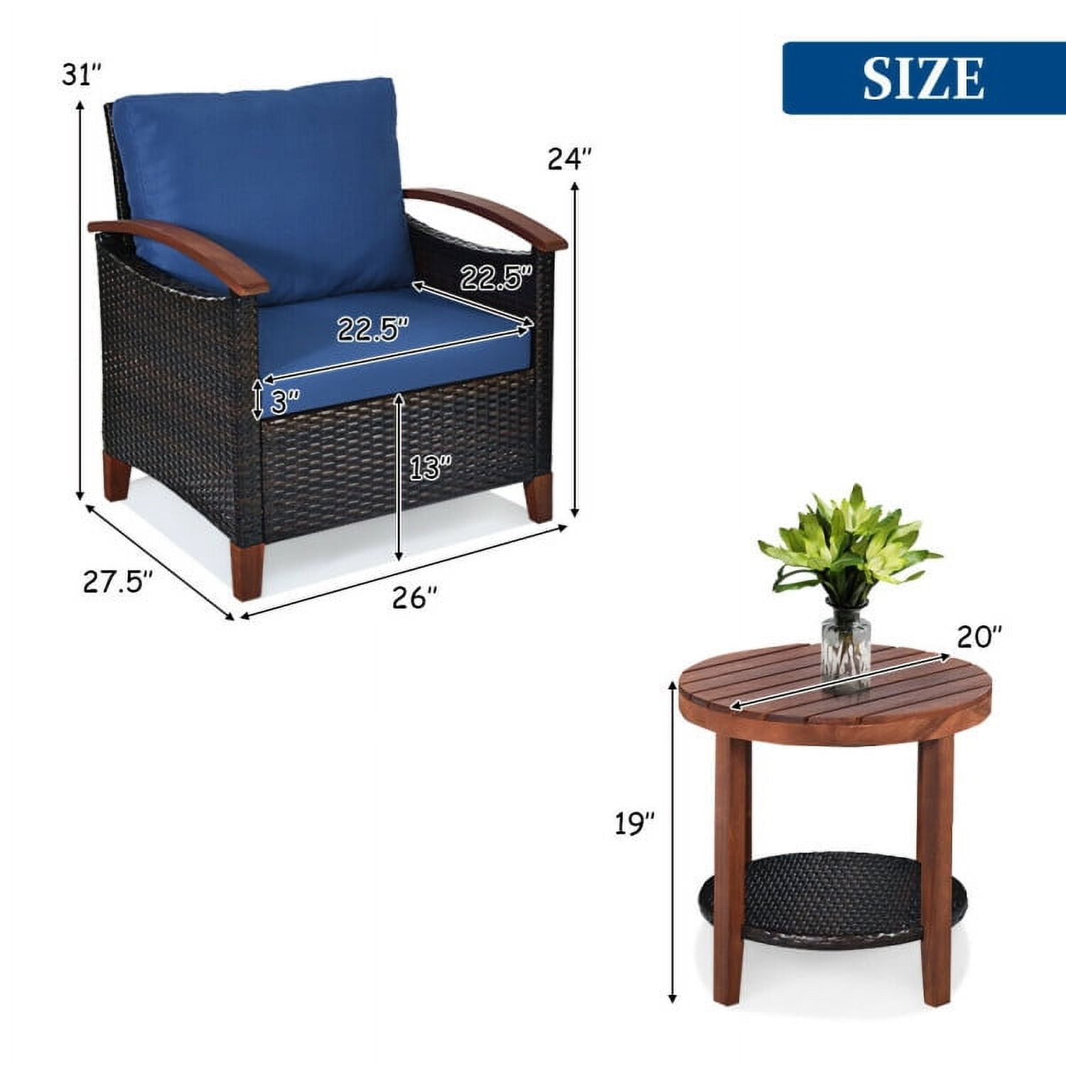 Aimee Lii 3 Pieces Patio Rattan Furniture Set with Washable Cushion and Acacia Wood Tabletop, Small Patio Set, Blue Aimee Lii 3 Pieces Patio Rattan Furniture Set with Washable Cushion and Acacia Wood Tabletop, Small Patio Set, Blue