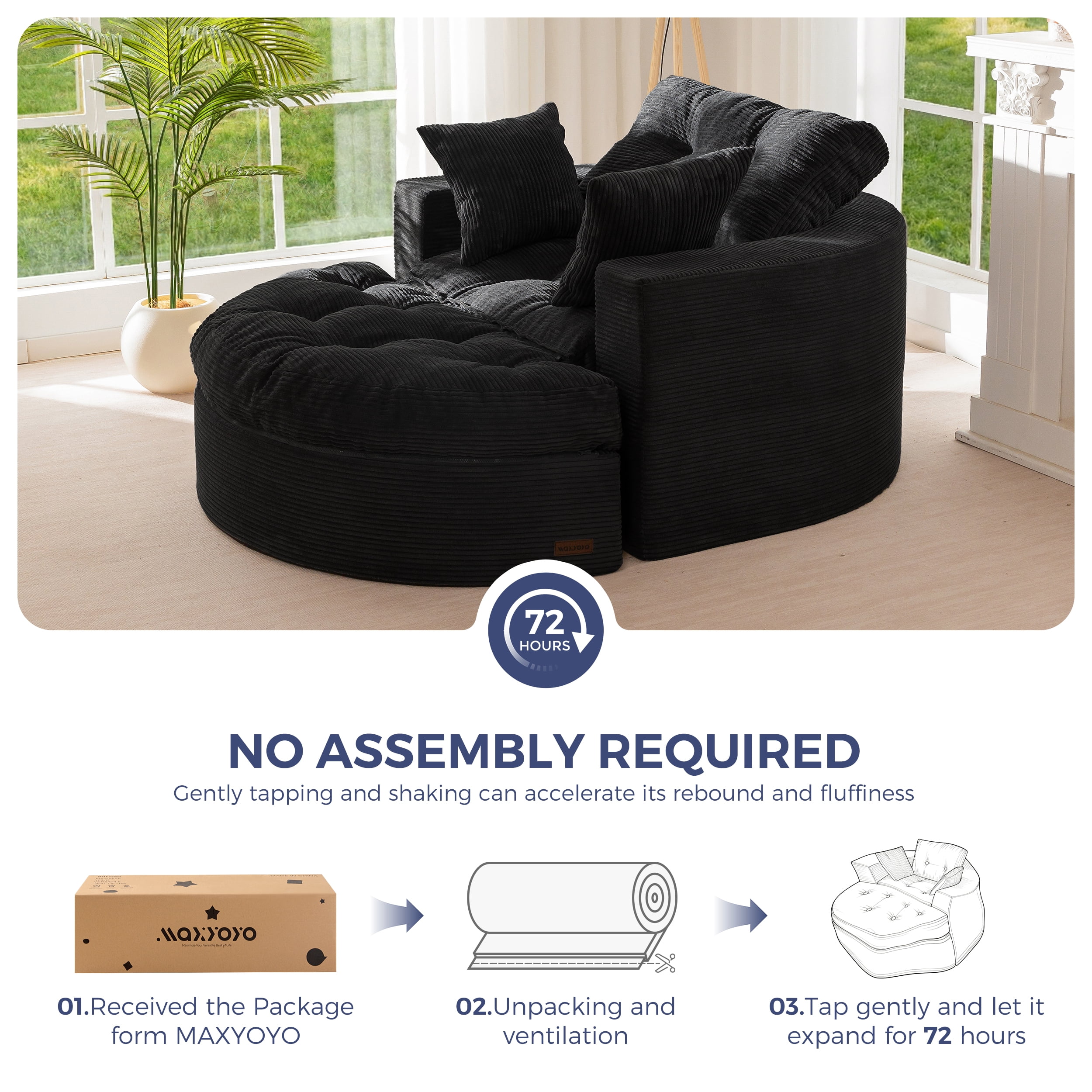 BYBYME 49''Round Chaise Lounge Chair,Corduroy Sofa Bed With Deep Seat,Upholstered Boneless Chaise Indoor,Cozy Sleeper Couch for Living Room with Ottoman,Black