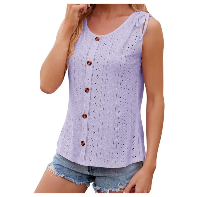 WEAIXIMIUNG White T Shirts for Women Fitted Women's Summer Solid Color Round Neck Button Drawstring Loose Vest Top