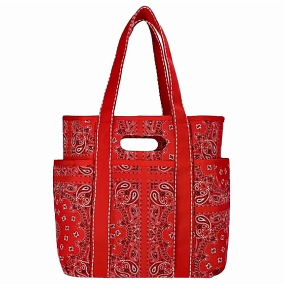 Women's Americana Cut Out Tote Bag, Red Bandana Print Shoulder, Large Capacity Durable Handbag for Home Use, 16" H x 21" W x 6.25" D