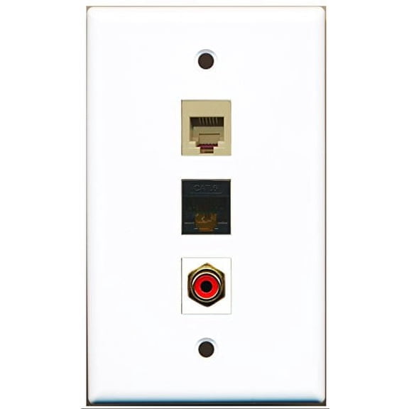 RiteAV - 1 Port RCA Red and 1 Port Phone RJ11 RJ12 Beige and 1 Port Cat6 Ethernet Black Wall Plate