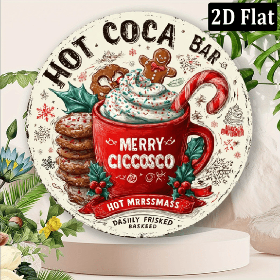 2D Flat, 1-Pack Vintage Christmas Hot Cocoa Bar Metal Sign - Retro Holiday Decorations with Red Mug, Gingerbread Cookies - Durable Aluminum Wall Art for Home, Cafe, Office