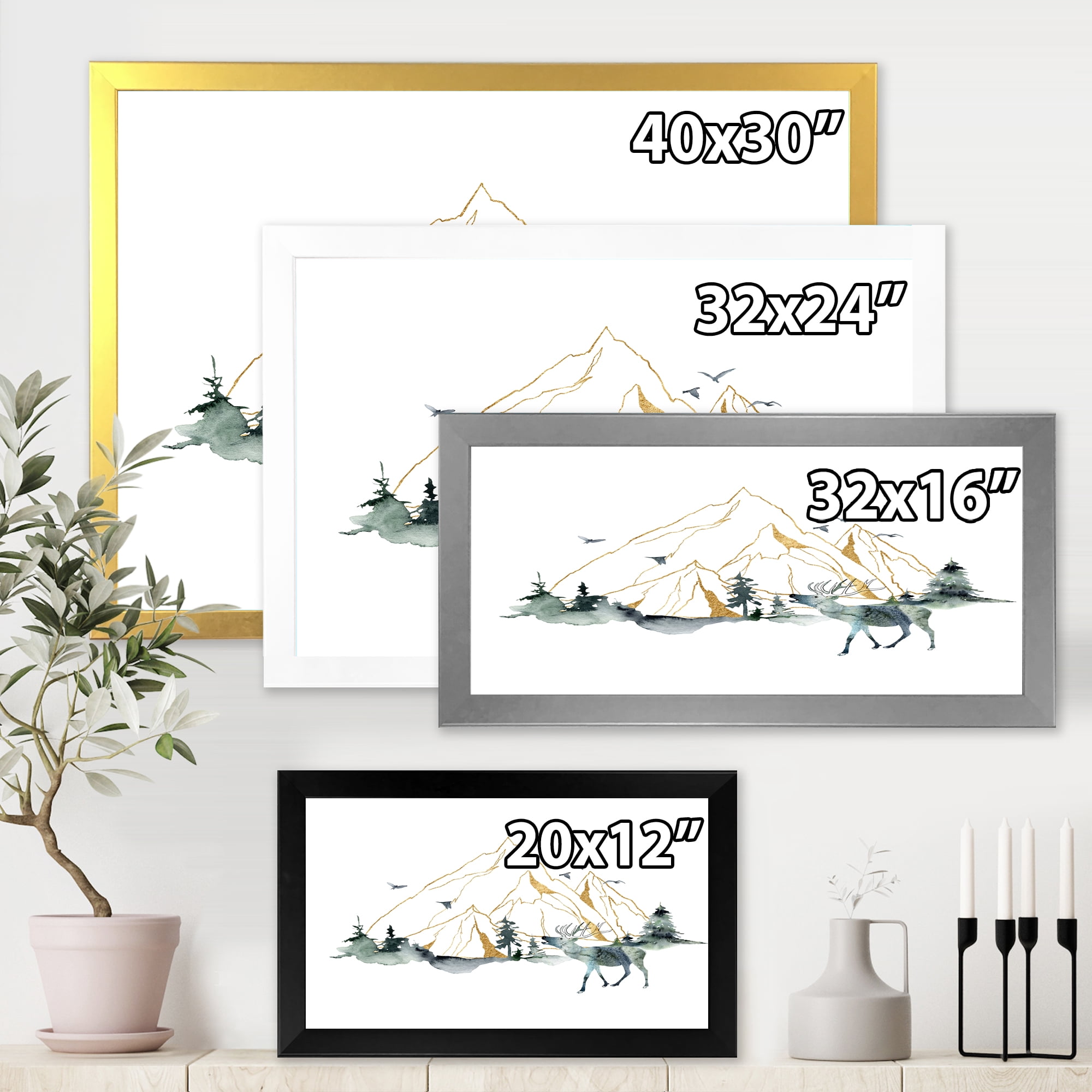 Designart 'Minimalistic Landscape of Forest Deer and Mountains' Modern Framed Art Print