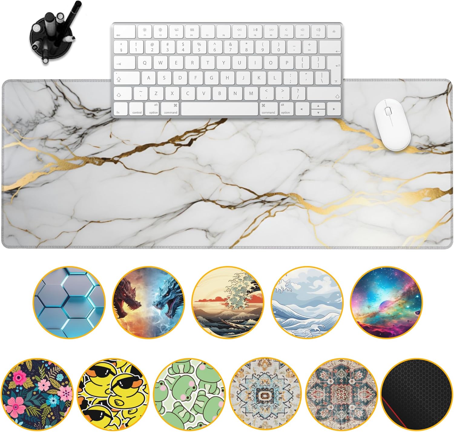 Desk Mat,Gold Line Marble Gaming Mouse Pad,31.5"X15.7" Large Desk Pad with Stitched Edge Non-Slip Base Keyboard Big Mouse Pad for Office Home Work Gaming-White