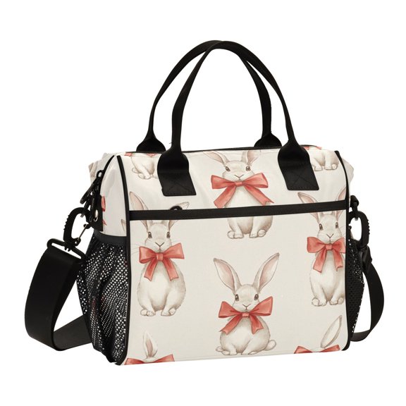 Ckdifva Cute Rabbits Bows Cooler Bag Cooler Cooling Tote Lunch Bag Lunch Box Front Pocket with Shoulder Strap