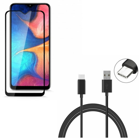 Galaxy A50/A20 Type-C 10ft USB Cable w Anti-Glare Screen Protector - Charger Cord Power Wire, Tempered Glass Matte Anti-Fingerprint for Samsung Galaxy A50/A20