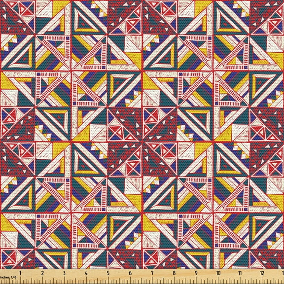 Ambesonne Geometric Fabric by the Yard Upholstery, Tribal Ethno Pattern Art, 1 Yard, Scarlet Yellow Dark Teal