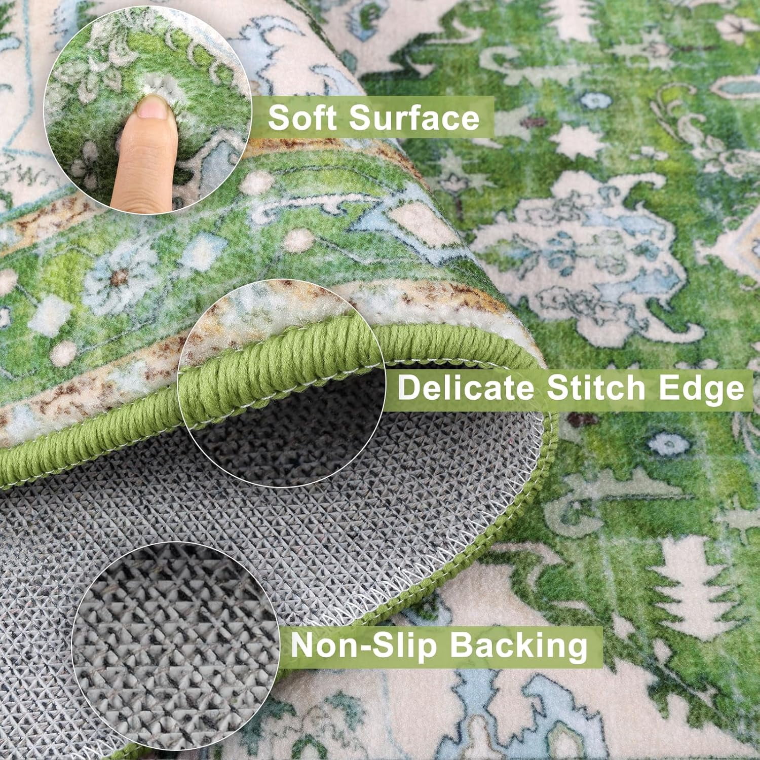Boho Washable Kitchen Rugs Sets of 3, Non Slip Kitchen Mats for Floor with Rubber Backing, Waterproof & Stain Resistant Thick Carpet Runner Throw Rug for Kitchen, Laundry Room, Hallway, Green