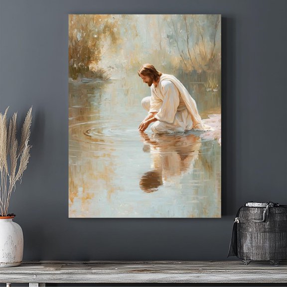 Jesus by Water Canvas Print, Peaceful Christian Landscape Wall Art