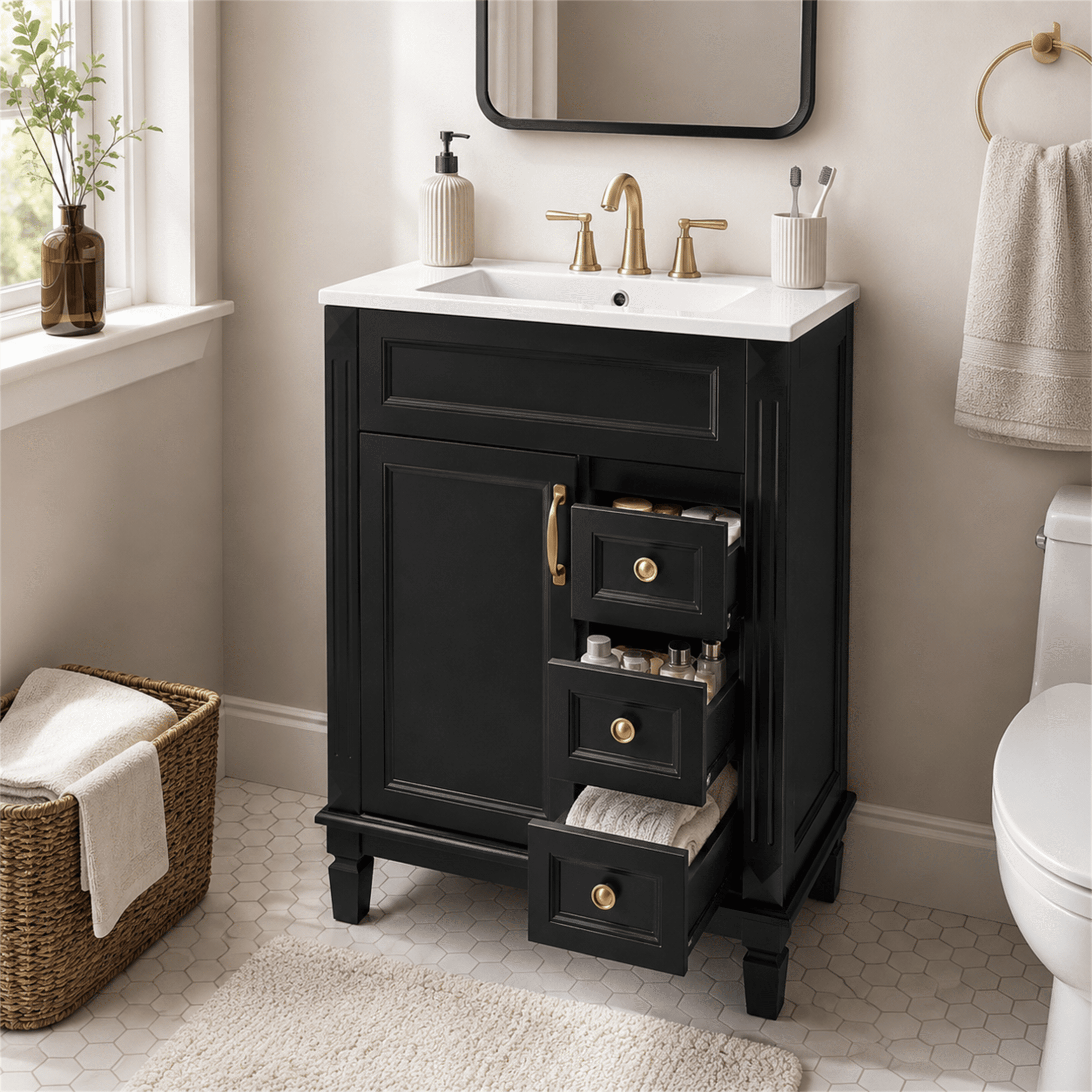 Homy Casa 24 in Bathroom Vanity with Ceramic Sink, Freestanding Storage Cabinet with 3 Drawers for Powder Room Black