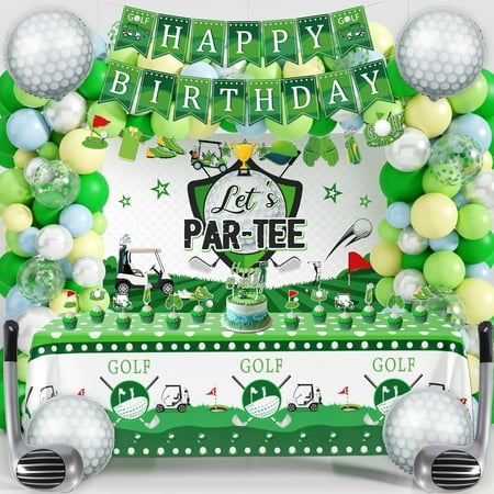 Golf Birthday Party Decorations Set – Happy Birthday Banner, Golf Balloon Arch Kit, Let’s Par-Tee Backdrop, Tablecloth, Cake Toppers – Sports Themed Party Supplies for Kids & Adults