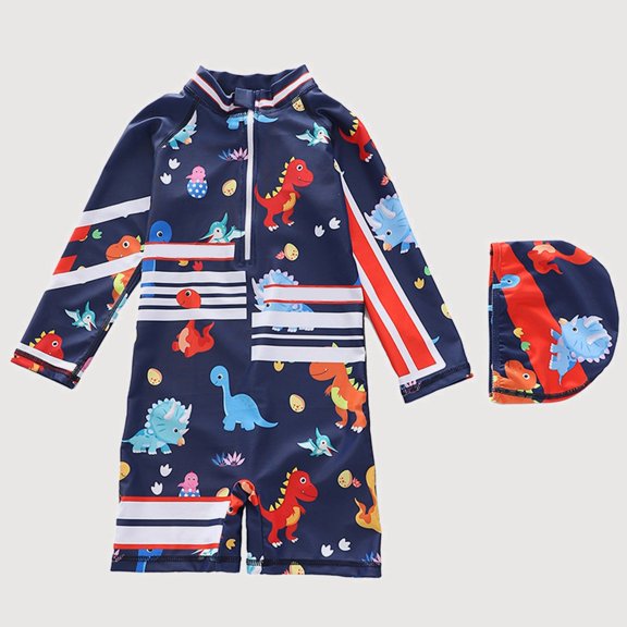 Gyujnb Long Sleeve One-Piece Rash Guard Swimwear Set Cartoon Print with Swim Cap for Beach and Pool (Baby, Big Boys),L