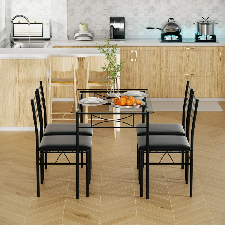 VECELO Compact 5-Piece Dining Set: Simple Glass Table Top VECELO Compact 5-Piece Dining Set: Simple Glass Table Top