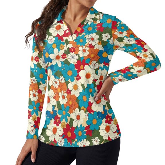 Xoenoiee Hippie Daisy Print V-Neck Golf Polo Shirts Long Sleeve UPF 50 Tunic Top Moisture Wicking Lightweight Casual Work Tennis Collared Shirts Golf Apparel for Women, Size XS