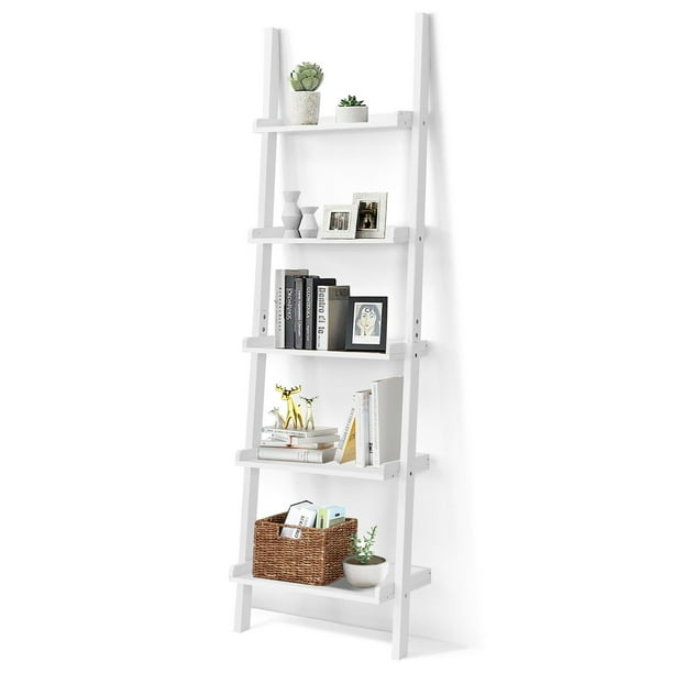 Costway Versatile White 5 Tier Bookshelf Leaning Wall Shelf Ladder Bookcase Storage Display Furni Com - Ladder Wall Shelf White