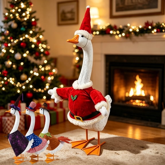 GDF Studio 24" Festive Porch Goose Statue with 4 Holiday Outfits & Metal Feet, Chic Decor Collection for Home Courtyard