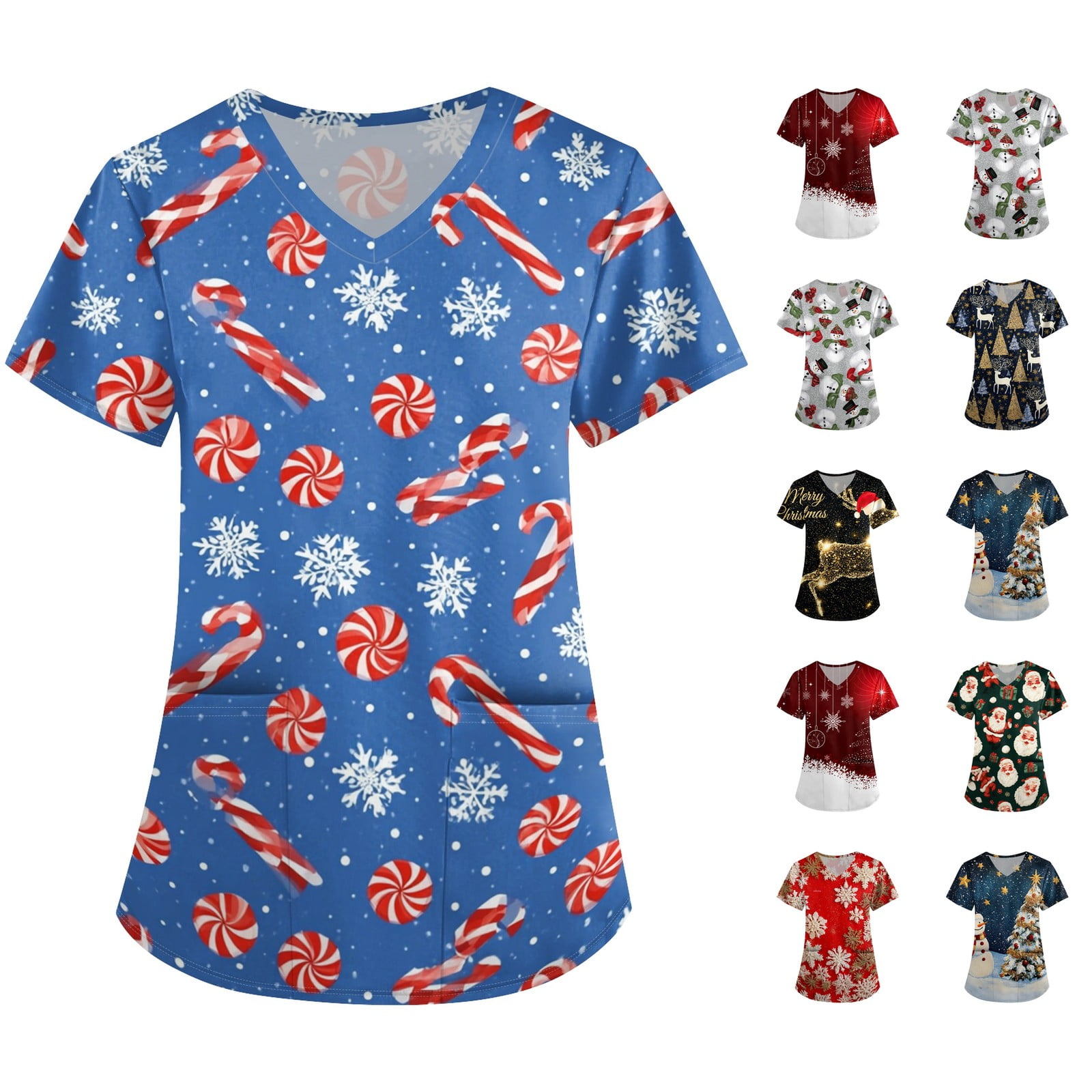 Lumtrix Womens Christmas Scrub Top Xmas Printed Medical Uniforms Short Sleeve V Neck Baggy Scrubs with Pocket Light Green 3XL