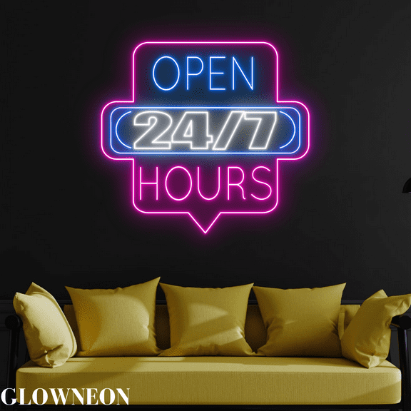 Glowneon Open 24/7 Neon Decor For Store Shop, Coffee Shop Wall Art