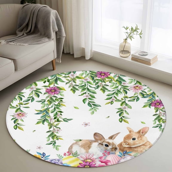 Small Round Rug 3Ft Washable Non-Slip, Happy Easter Circle Area Rugs for Living Room Bedroom, Cutte Rabbits Eggs Floral Plants Watercolor Indoor Floor Mats Carpet Runner for Home Decor