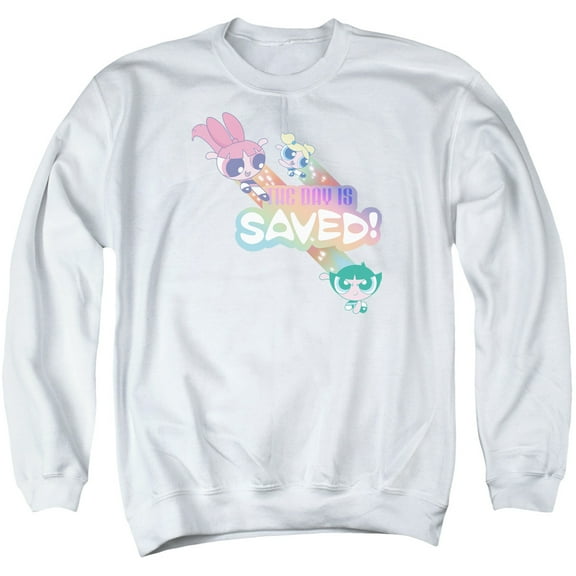 Powerpuff Girls The Day Is Saved Adult Crewneck Sweatshirt White
