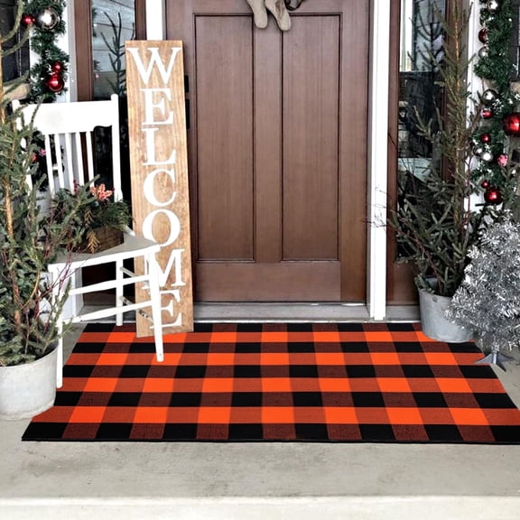 euoloart Buffalo Plaid Orange Black Doormat, 27.5x43 Inch Washable Outdoor Mat for Front Porch Entryway
