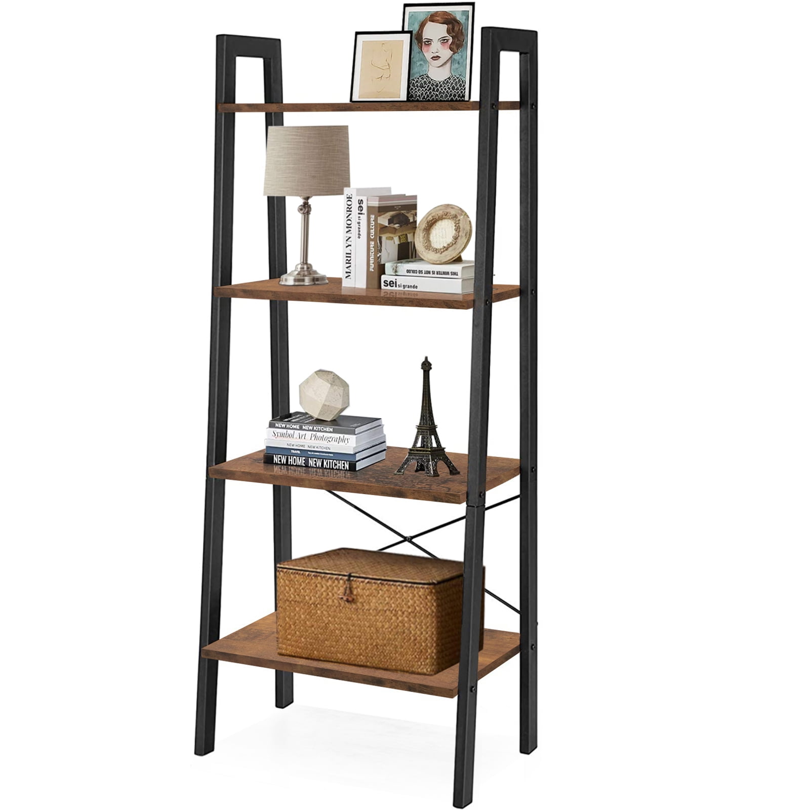 Resenkos Freestanding 4-Tier Ladder Bookshelf Open Shelving Unit Floor Bookcase with Steel Frame Rustic, Brown and Black