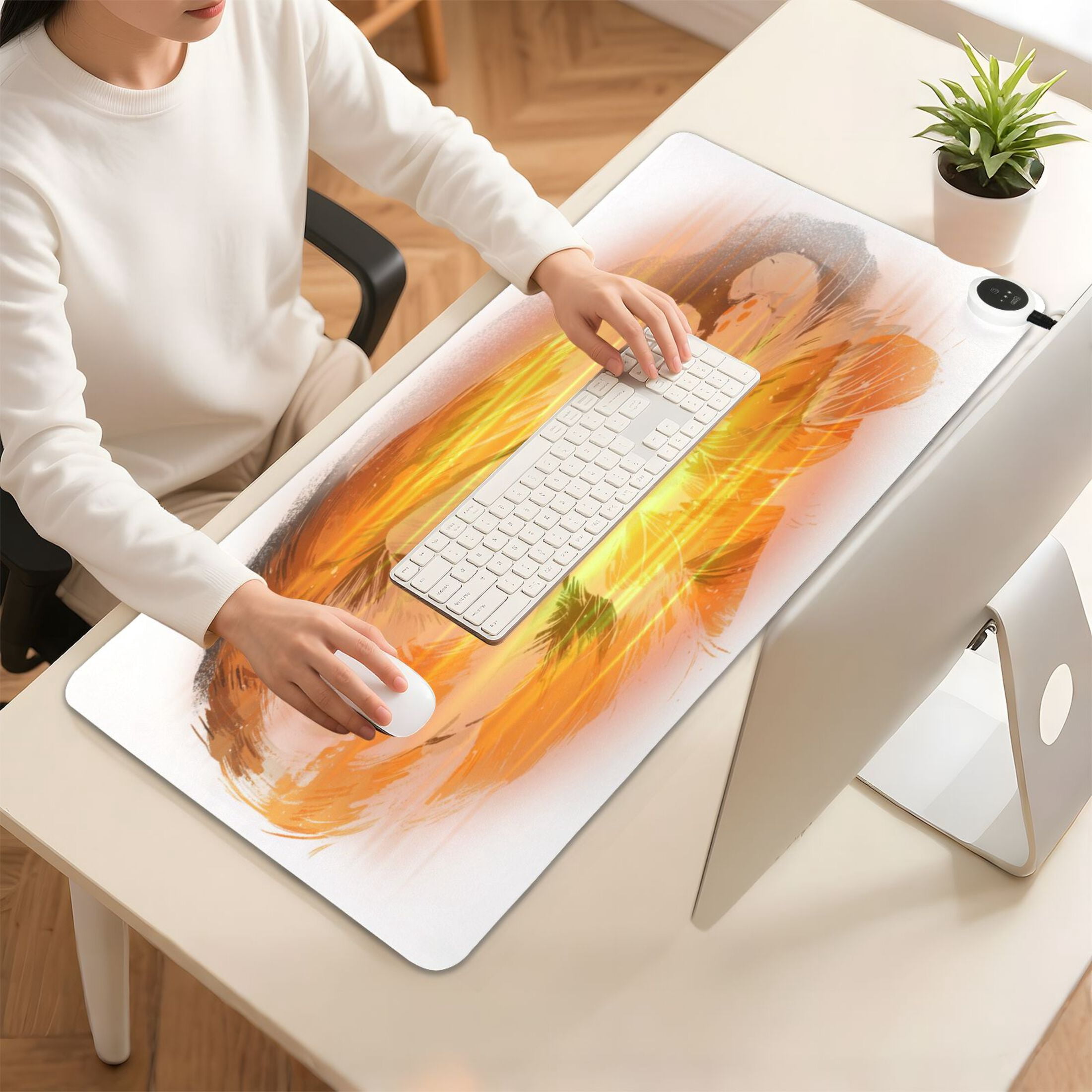 Large Heated Desk Mat Mouse Pad 31.5"x13"PU Leather Graphene Heating Desk Warmer with 3 Temperature Settings 110V US Plug Non-Slip Warm Pad for Home, Office, and Gaming Adorable Orange Cat Asleep