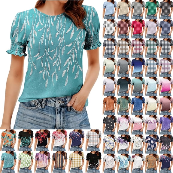 JTZGDY Blouses for Women Dressy Casual Summer Boho Floral/Polka Dot/Tie Dye/Plaid Printed Short Sleeve Womens Crewneck Graphic Tshirt Tops with Smocked Cuffs A-Green XL