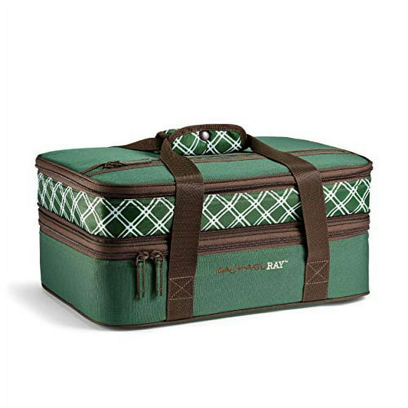 Rachael Ray Expandable Lasagna Lugger, Insulated Casserole Carrier, Fits 9&quot;x13&quot; Baking Dish, Forest Green Plaid