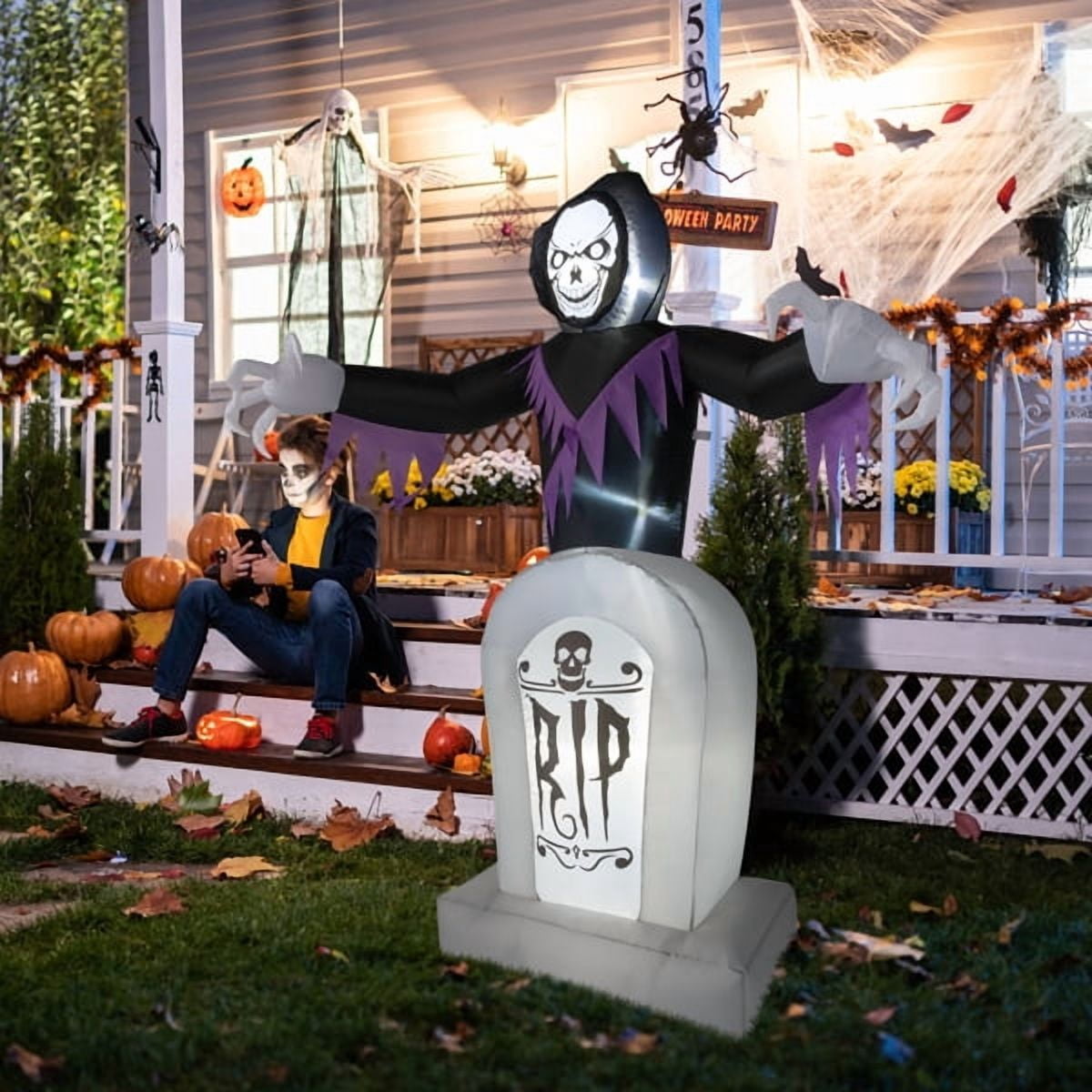 Alvantor 6 ft Halloween Inflatable Grim Reaper and Tombstone with 3 LED Lights for Outdoor Yard