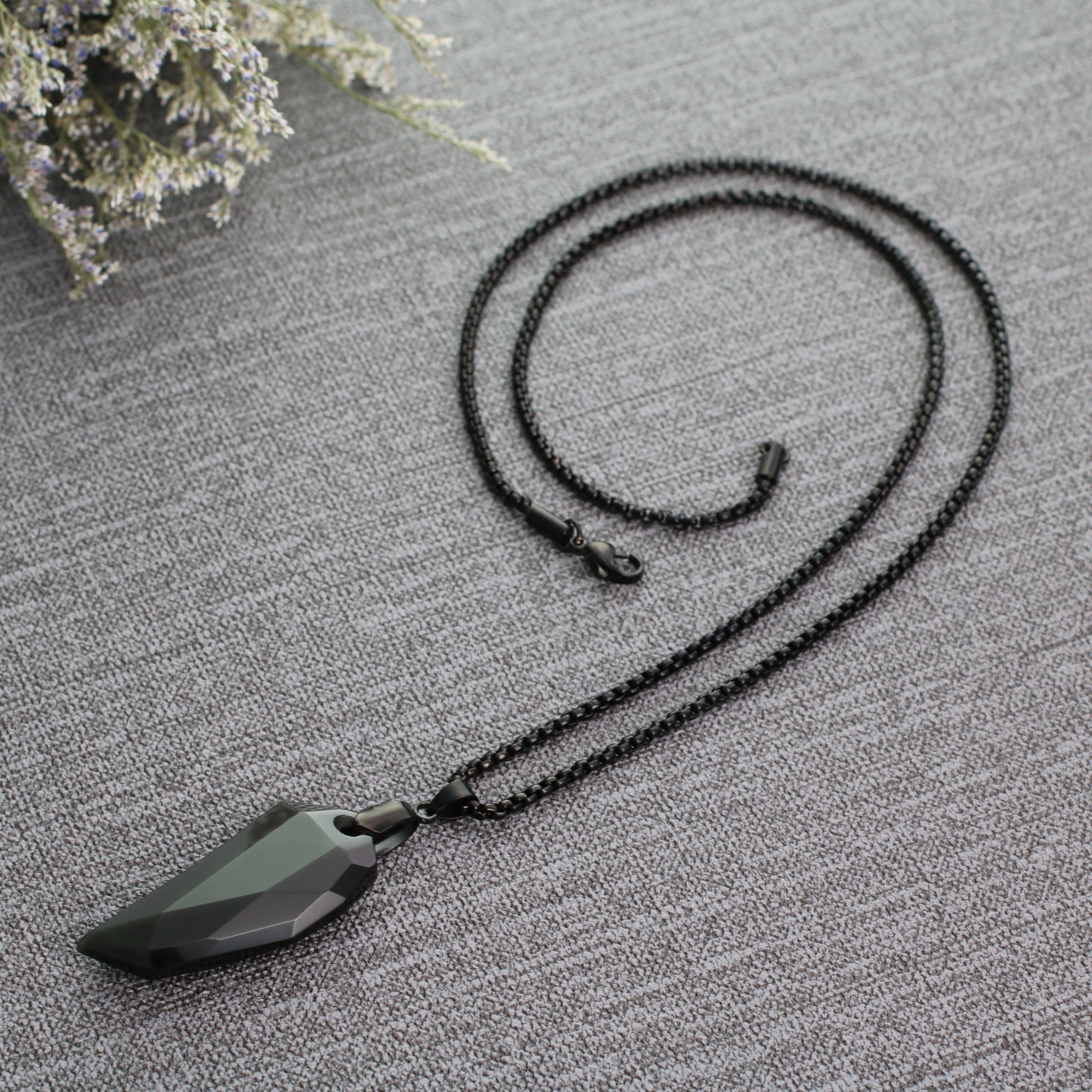 COAI Stainless Steel Wolf Tooth Amulet Obsidian Stone Pendant Necklace