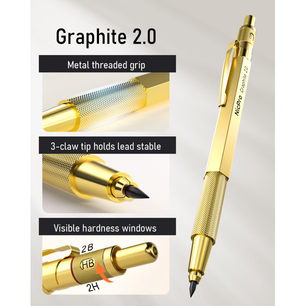 Nicpro 6pcs Mechanical Pencil Set, 0.5, 0.7, 0.9 & 2mm Gold