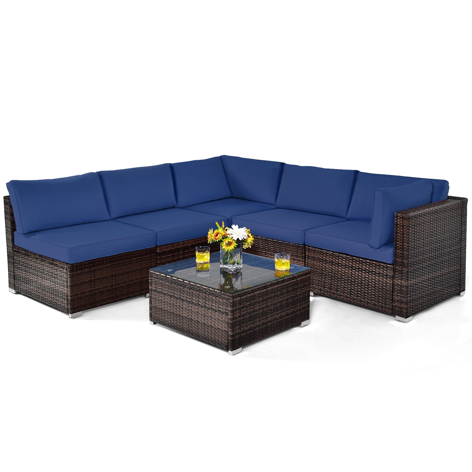 Patiojoy 6PCS Wicker Patio Sectional Conversation Furniture Set with