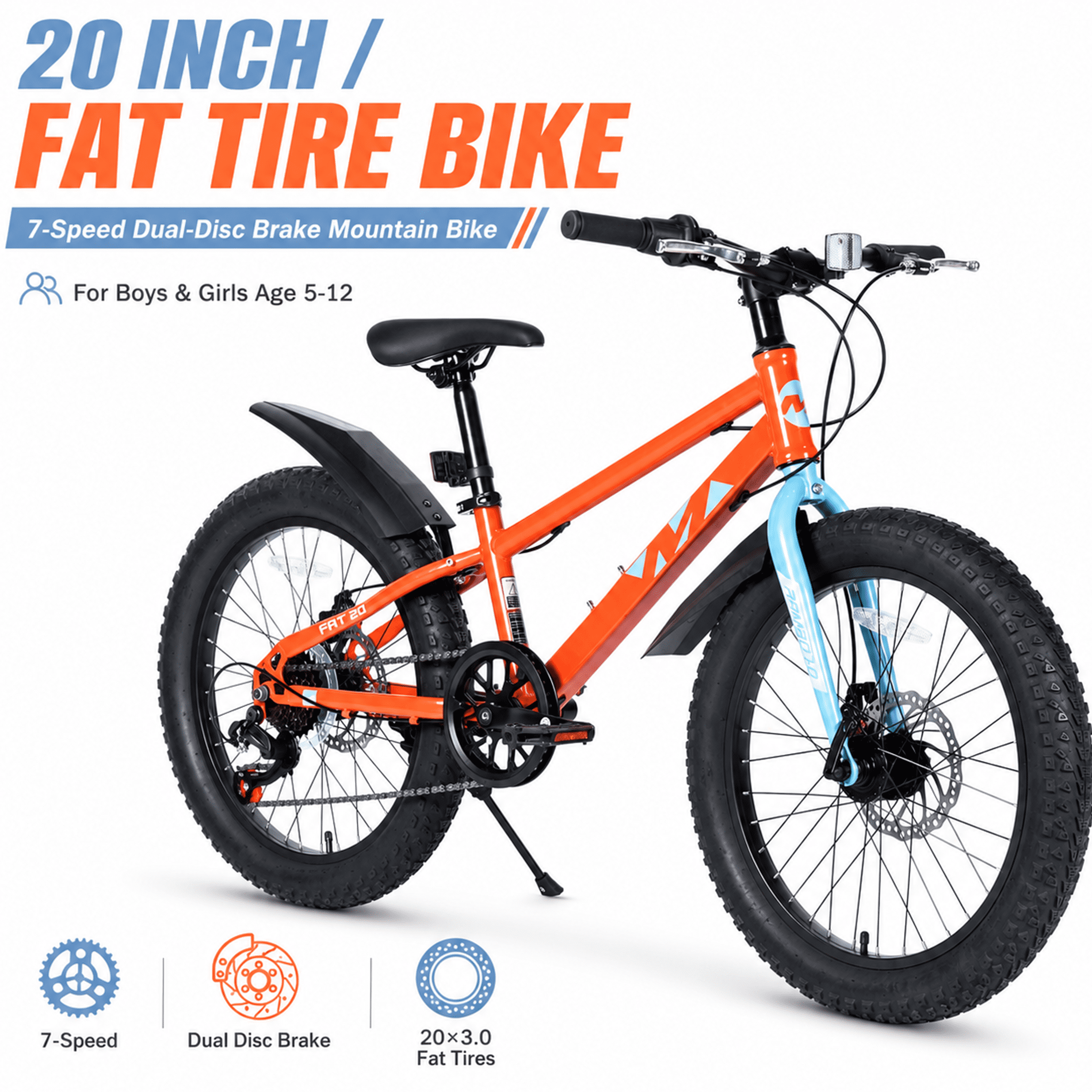 20 Inch Kids Mountain Bike with 3.0 Fat Tires, 7-Speed Drivetrain and Dual Disc Brakes, High-Carbon Steel Frame Children’s Bicycle for Boys and Girls Ages 5-12, Orange