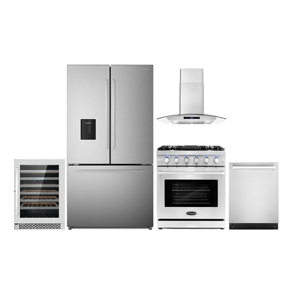 5 Piece Kitchen Package with 30" Freestanding Gas Range 30" Wall Mount 24" Built-in Fully Integrated Dishwasher French Door Refrigerator & 48 Bottle Wine Refrigerator