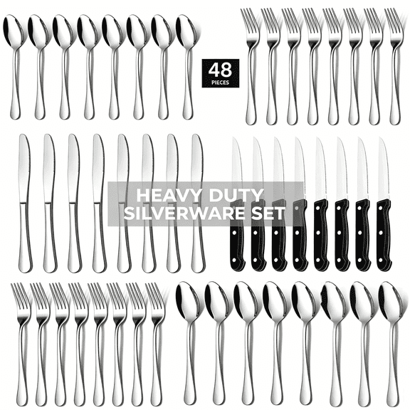 KUOSE 48-Piece Stainless Steel Silverware Set for 8 – Dishwasher Safe, Mirror Polished Forks, Knives, Spoons