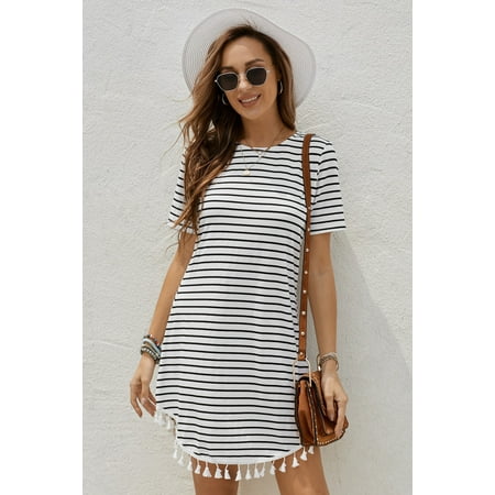 GCKG Women's Crew Neck Striped T-shirt Mini Dress with Tassel (US 4-6)S