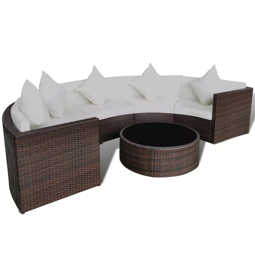 Kepooman 2 Pieces Outdoor Patio Rattan Half-Round Sofa Set with Glass Top Table, Brown
