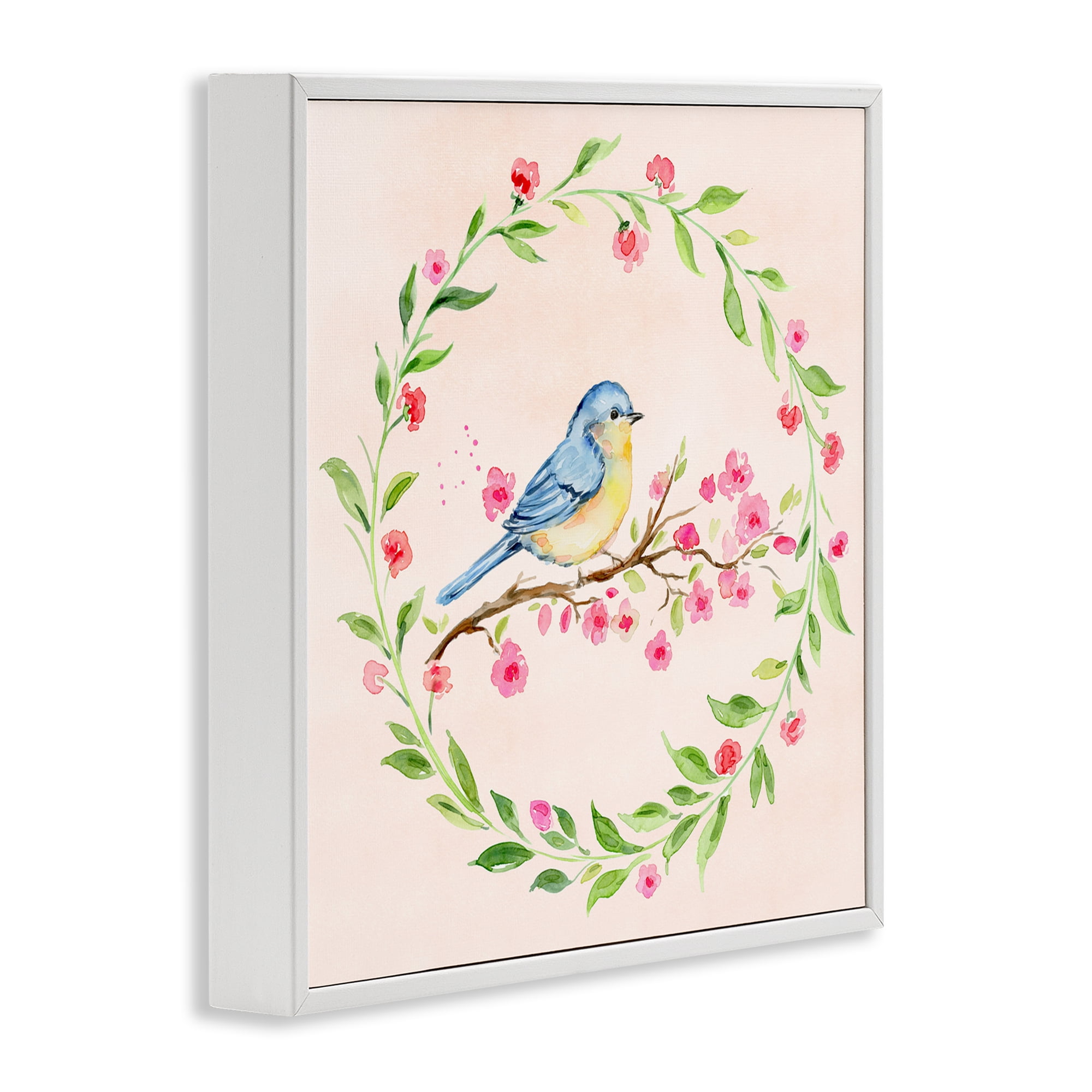 Spring Bird Wreath Perch White Framed Giclee Art, design by Elena Fay