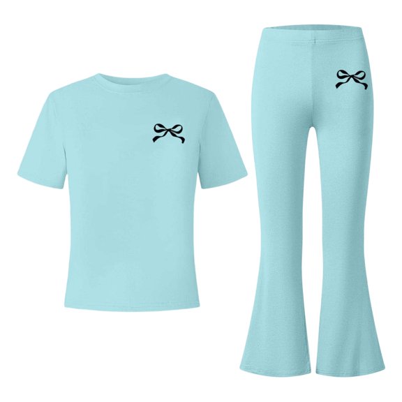 HAYIMI Girls Bowknot Print O-Neck Short Sleeve Tops And Wide Leg Pants For Kids Summer Outfit Sets Cute Leisure Clothes Sets